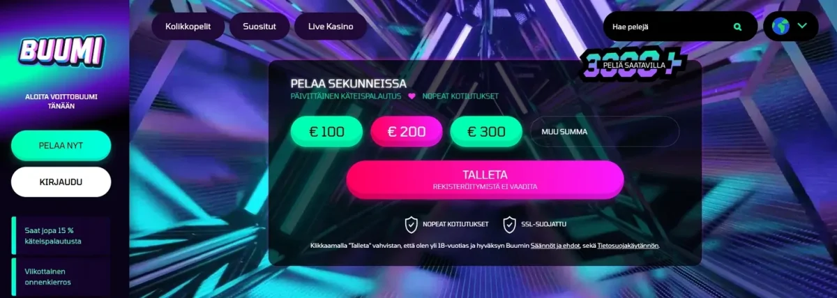 Buumi Kasinon peliaula, jossa n&auml;kyy valikko, mahdollisuus talletukseen ja tietoa bonuksista