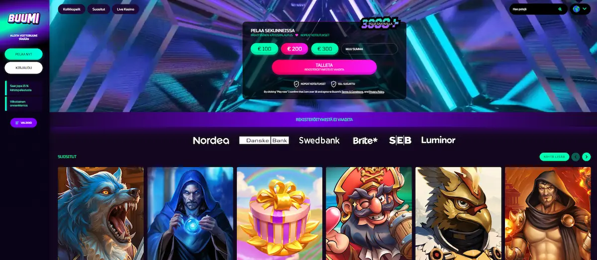 Buumi Casinon peliaula, jossa mahdollisuus talletukseen, tietoa käteishyvityksestä, parhaat kolikkopelit ja valikko