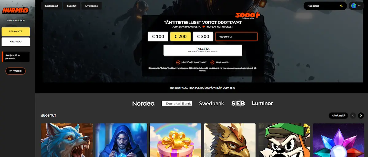 Hurmio Casinon peliaula, suosituimmat pelit ja talletusmahdollisuus