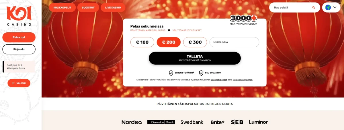 koi casinon peliaula, jossa valikko, tietoa bonuksesta ja mahdollisuus talletukseen