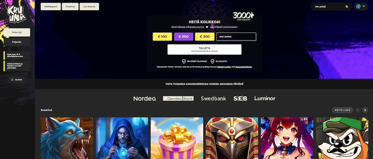 Kruuna Casinon peliaula, jossa mahdollisuus talletukseen, parhaat kolikkopelit ja valikko