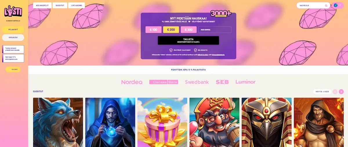 Lysti Casinon peliaula, jossa mahdollisuus talletukseen, tietoa käteishyvityksestä, suosituimmat kasinopelit ja vasemalta löytyy valikko