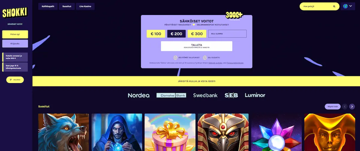 shokki kasinon peliaula, jossa mahdollisuus talletukseen, tietoa bonuksesta, parhaat kolikkopelit ja valikko